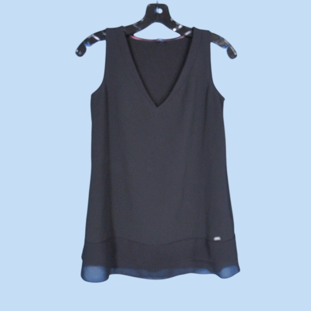 TOMMY HILFIGER Black CREPE w/CHIFFON TRIM V-Neck SLEEVELESS Tank Top/Blouse XS